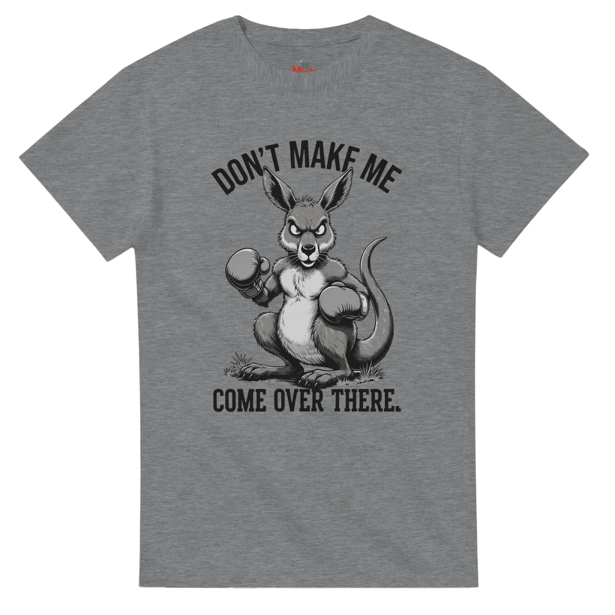 Gray t-shirt with a kangaroo graphic and text on a white background