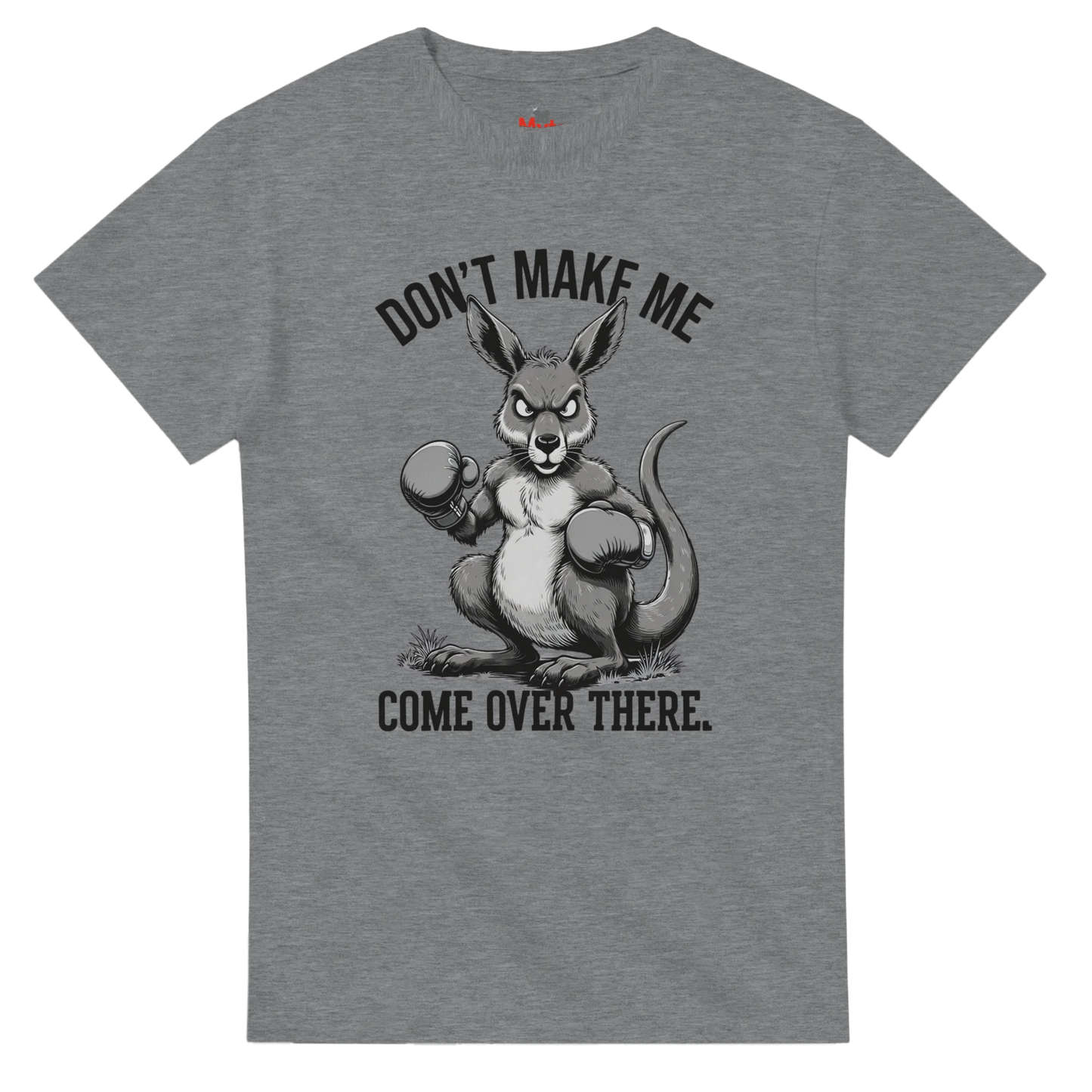 Gray t-shirt with a kangaroo graphic and text on a white background