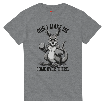 Gray t-shirt with a kangaroo graphic and text on a white background