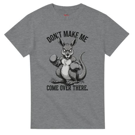 Gray t-shirt with a kangaroo graphic and text on a white background