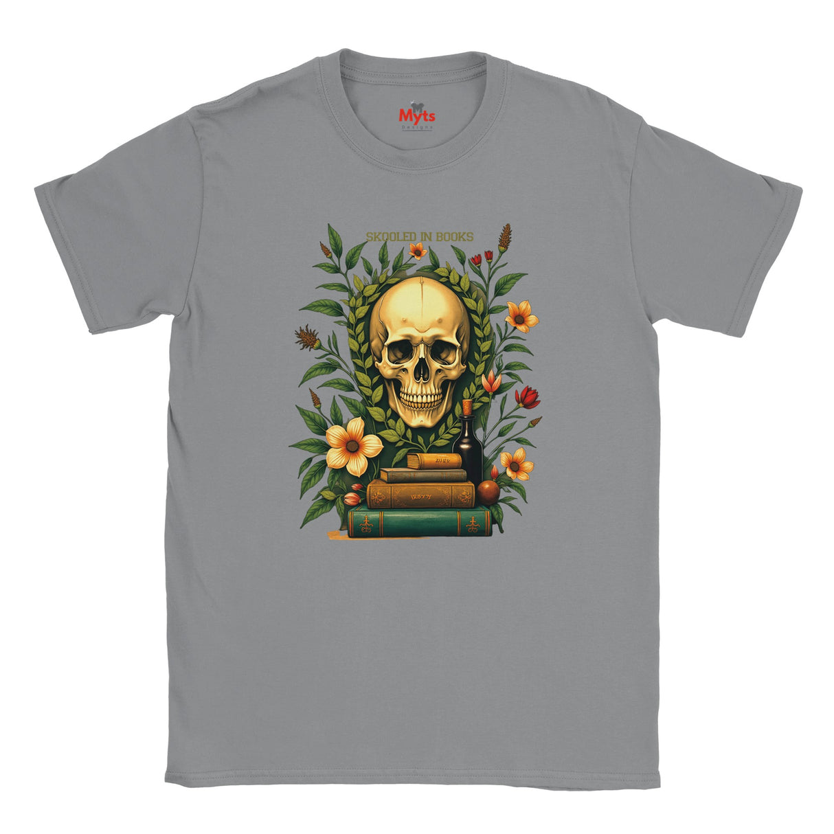 Sports Gray t-shirt with a skull and floral design on a white background