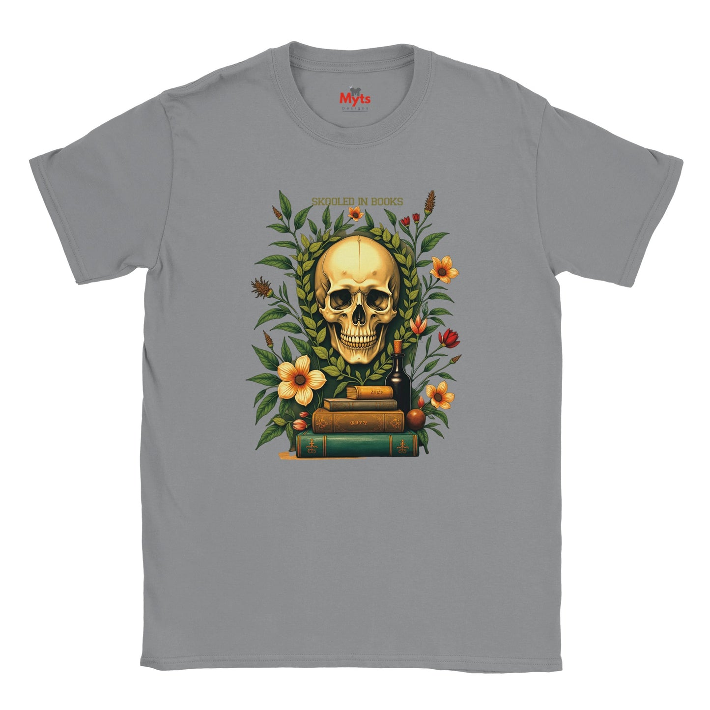 Sports Gray t-shirt with a skull and floral design on a white background