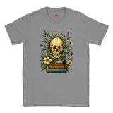 Sports Gray t-shirt with a skull and floral design on a white background