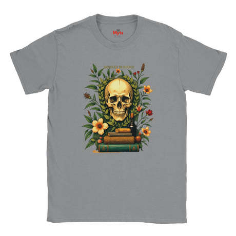 Sports Gray t-shirt with a skull and floral design on a white background