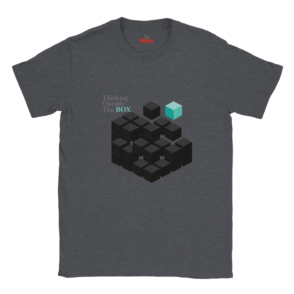 Gray t-shirt with geometric design and text 'Thinking Outside The BOX' on a white background