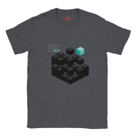 Gray t-shirt with geometric design and text 'Thinking Outside The BOX' on a white background