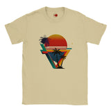 Natural t-shirt with a colorful geometric design featuring palm trees and a sunset on a white background.