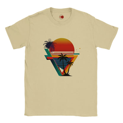 Natural t-shirt with a colorful geometric design featuring palm trees and a sunset on a white background.