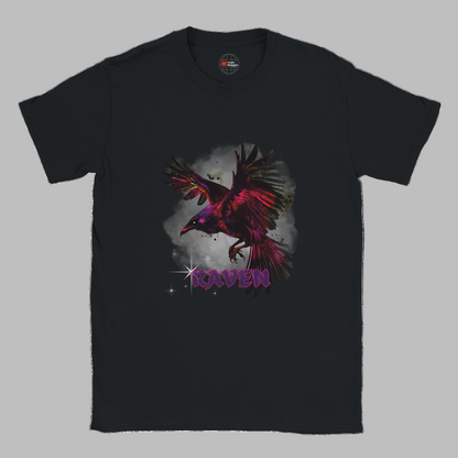 Black t-shirt with a colorful raven graphic and 'RAVEN' text on a white background