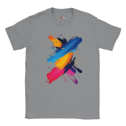 Gray t-shirt with colorful abstract design on a white background