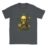Gray t-shirt with a skull and books design on a white background