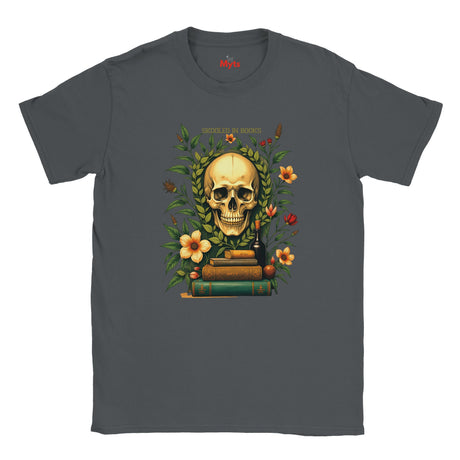 Gray t-shirt with a skull and books design on a white background