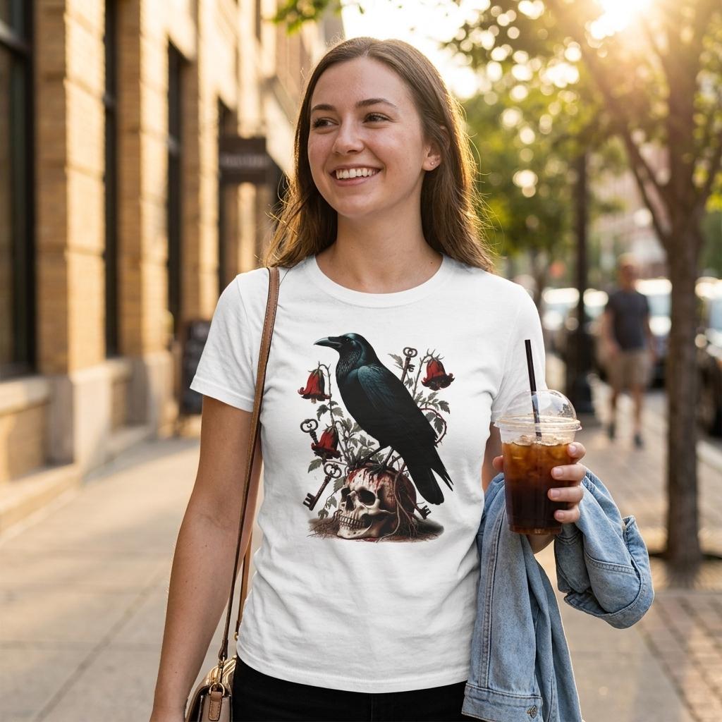 A woman walking on a sunny city street wearing a white graphic t-shirt with a black raven, skull, and red roses design. She is holding an iced coffee and a light blue denim jacket.
