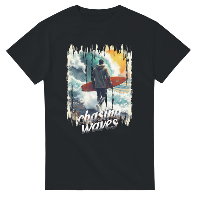 Black t-shirt with a graphic of a person holding a surfboard and the text 'chasing waves' on a white background.