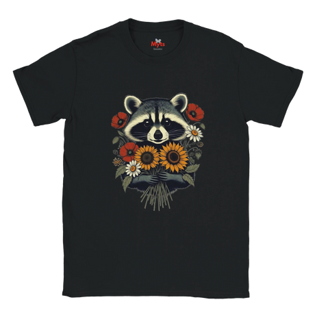 A black short-sleeve crewneck t-shirt featuring a graphic print of a raccoon surrounded by sunflowers, daisies, and red poppies on the front, with the 'MMS' brand logo visible inside the collar.