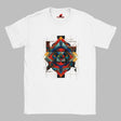 White unisex T-shirt featuring an intricate symmetrical geometric pattern in vibrant blues, oranges, reds, and metallic tones, tribal and modern art fusion design by MytsDesigns.com