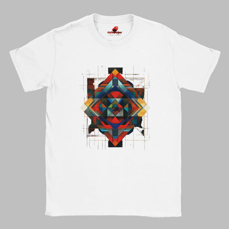 White unisex T-shirt featuring an intricate symmetrical geometric pattern in vibrant blues, oranges, reds, and metallic tones, tribal and modern art fusion design by MytsDesigns.com