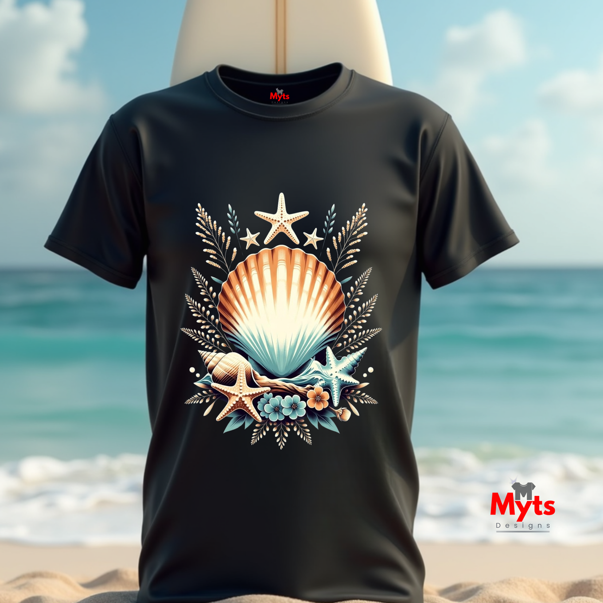 A black short-sleeve t-shirt displayed on a surfboard with a beach background. The shirt features a large graphic print of a seashell, starfish, and seagrass in shades of orange, beige, and blue.