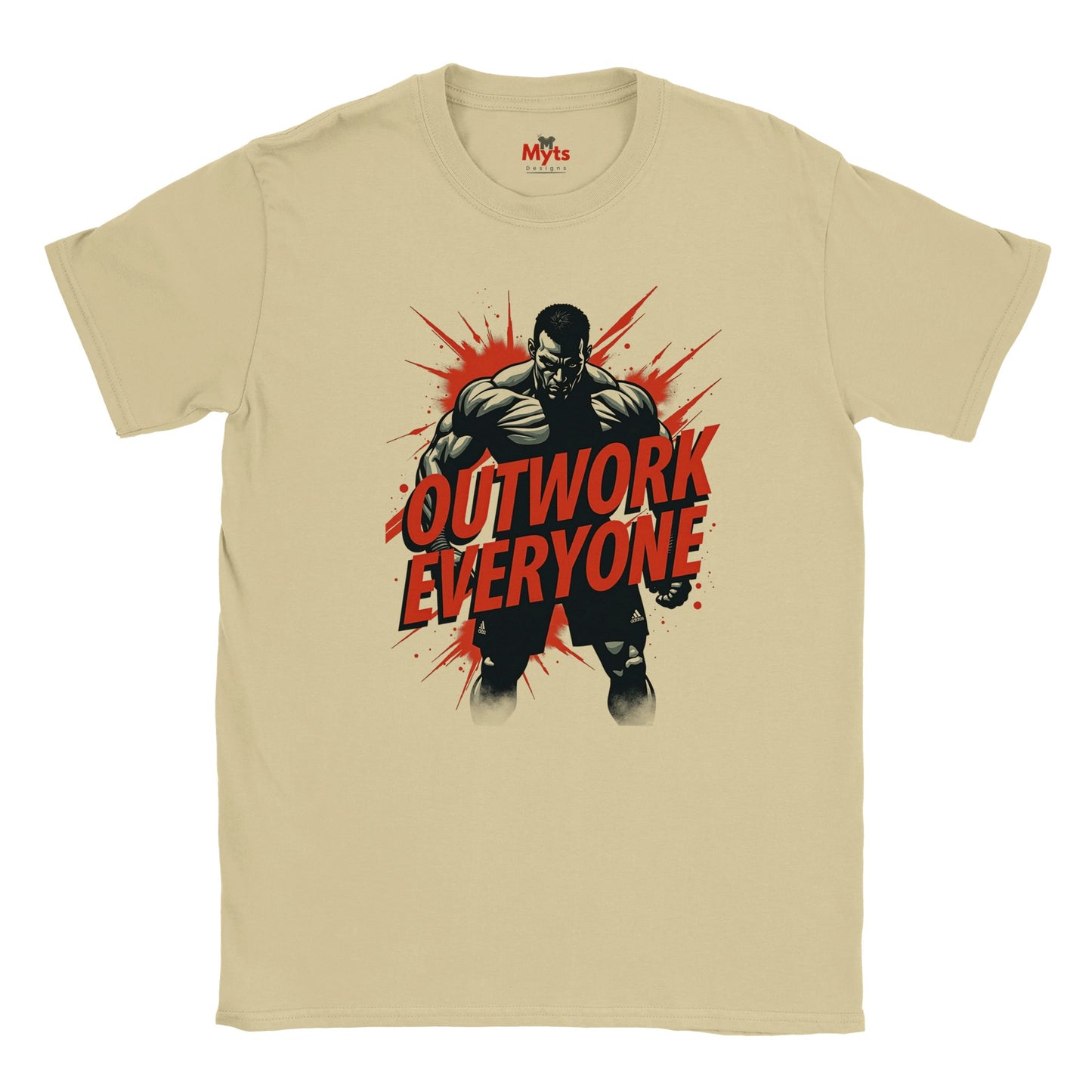 Neutral t-shirt with a graphic of a muscular figure and 'Outwork Everyone' text on a white background