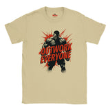 Neutral t-shirt with a graphic of a muscular figure and 'Outwork Everyone' text on a white background