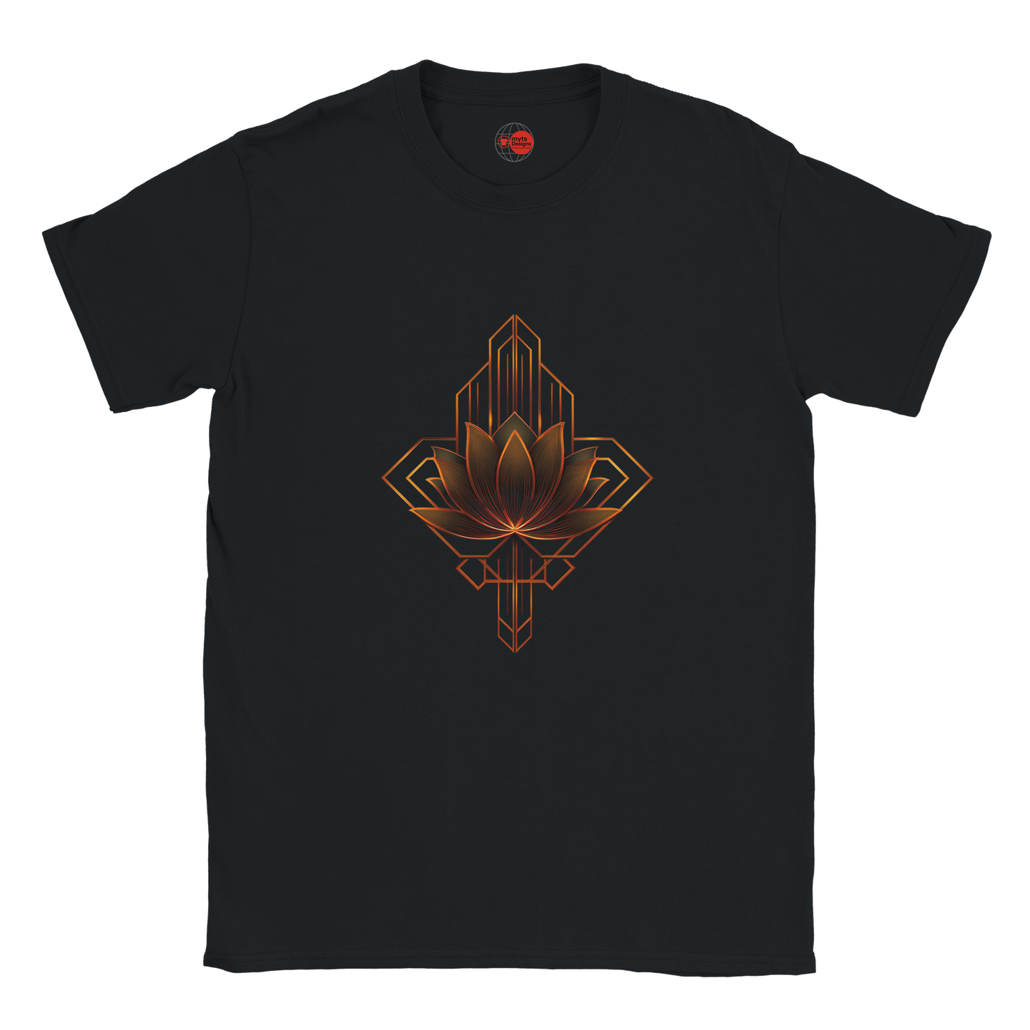 Black t-shirt with a geometric lotus design on a white background