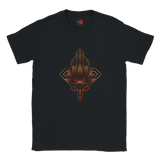 Black t-shirt with a geometric lotus design on a white background