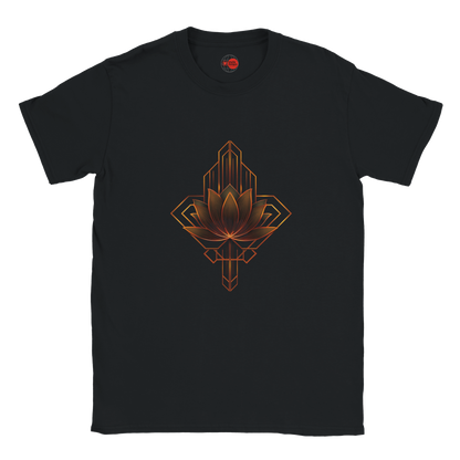 Black t-shirt with a geometric lotus design on a white background