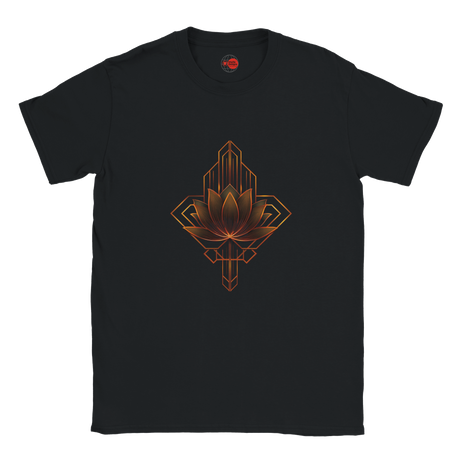 Black t-shirt with a geometric lotus design on a white background