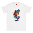 White t-shirt with a colorful fish graphic on a white background