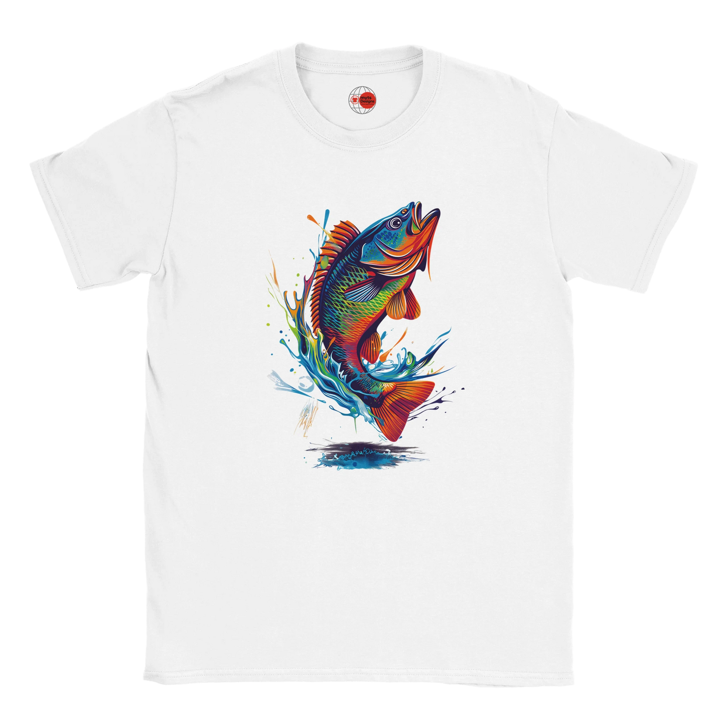 White t-shirt with a colorful fish graphic on a white background