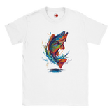 White t-shirt with a colorful fish graphic on a white background