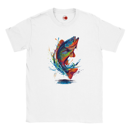 White t-shirt with a colorful fish graphic on a white background