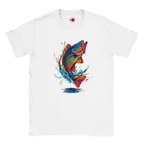 White t-shirt with a colorful fish graphic on a white background