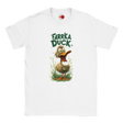 White t-shirt with a cartoon duck and 'Farrka Duck' text on a white background