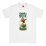 White t-shirt with a cartoon duck and 'Farrka Duck' text on a white background