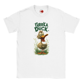 White t-shirt with a cartoon duck and 'Farrka Duck' text on a white background
