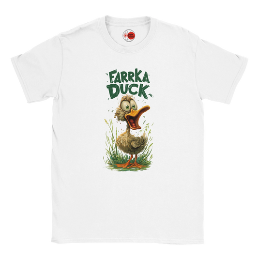 White t-shirt with a cartoon duck and 'Farrka Duck' text on a white background