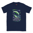 Navy blue t-shirt with 'Zero Gravity' graphic design on a white background