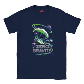 Navy blue t-shirt with 'Zero Gravity' graphic design on a white background