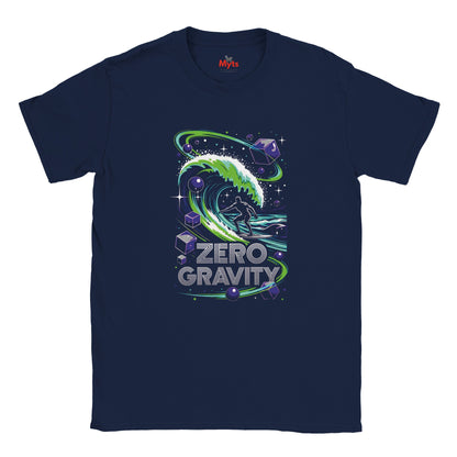 Navy blue t-shirt with 'Zero Gravity' graphic design on a white background