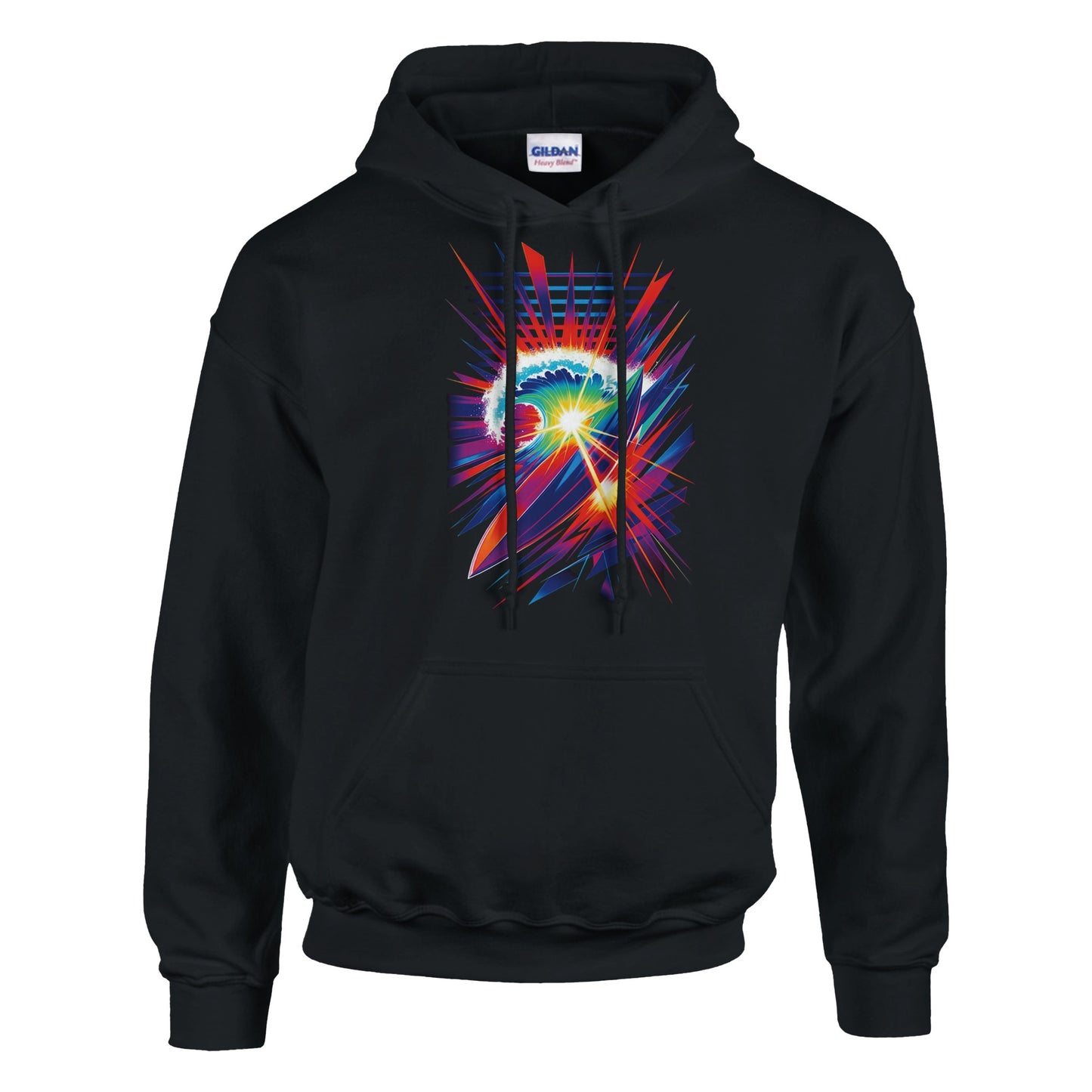 Black hoodie with a colorful abstract design on a white background