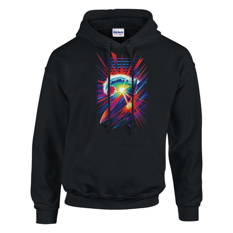 Black hoodie with a colorful abstract design on a white background