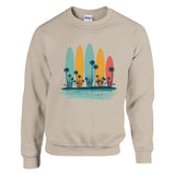 Sand sweatshirt with colorful surfboard design and palm trees on a white background