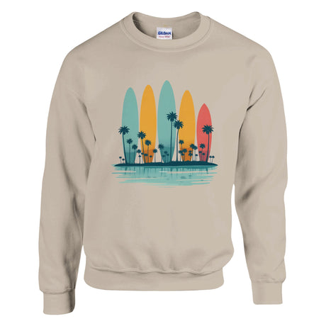 Sand sweatshirt with colorful surfboard design and palm trees on a white background