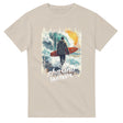 Sand t-shirt with a graphic of a person holding a surfboard and text 'chasing waves' on a white background