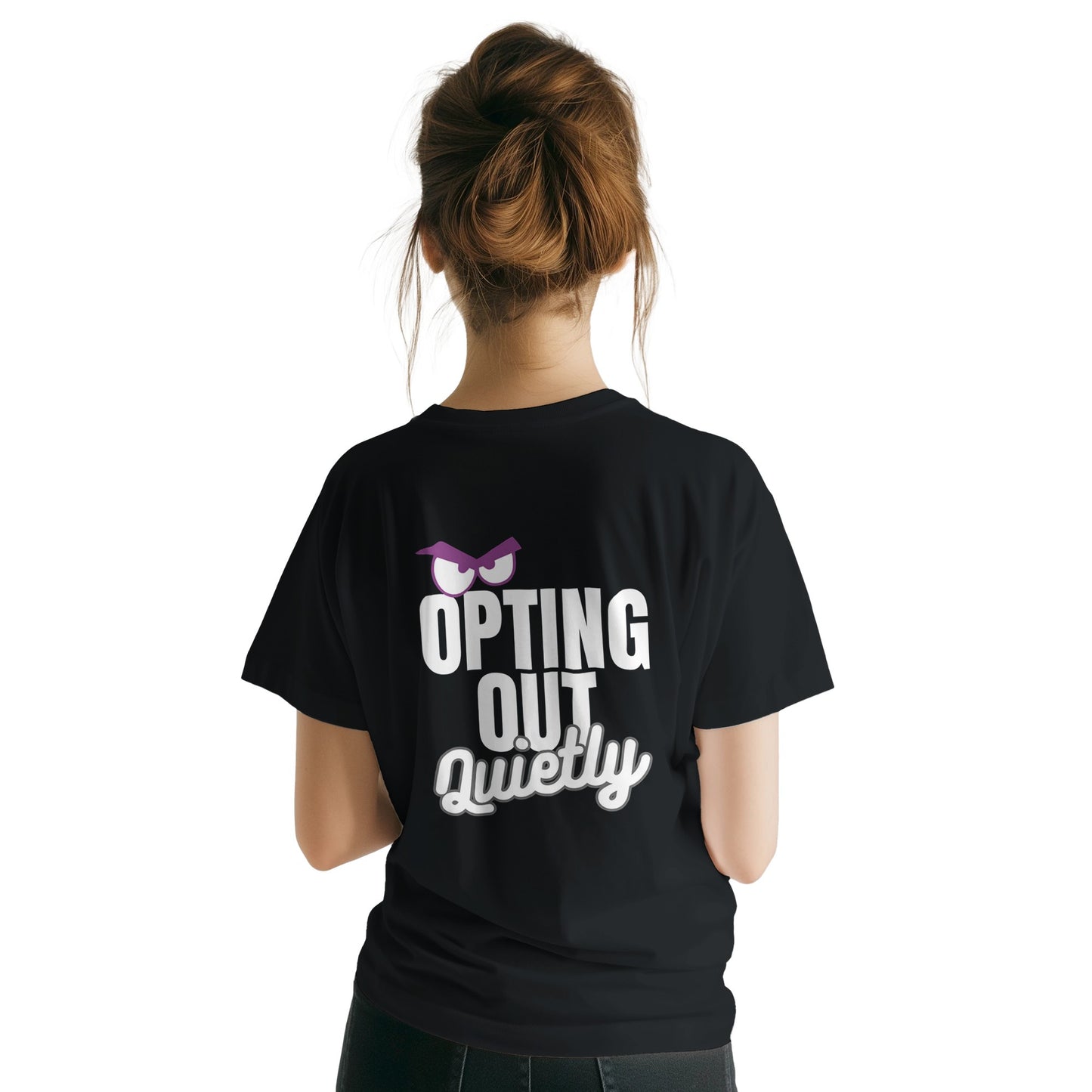 Person wearing a black t-shirt with 'Opting Out Quietly' text on the back.