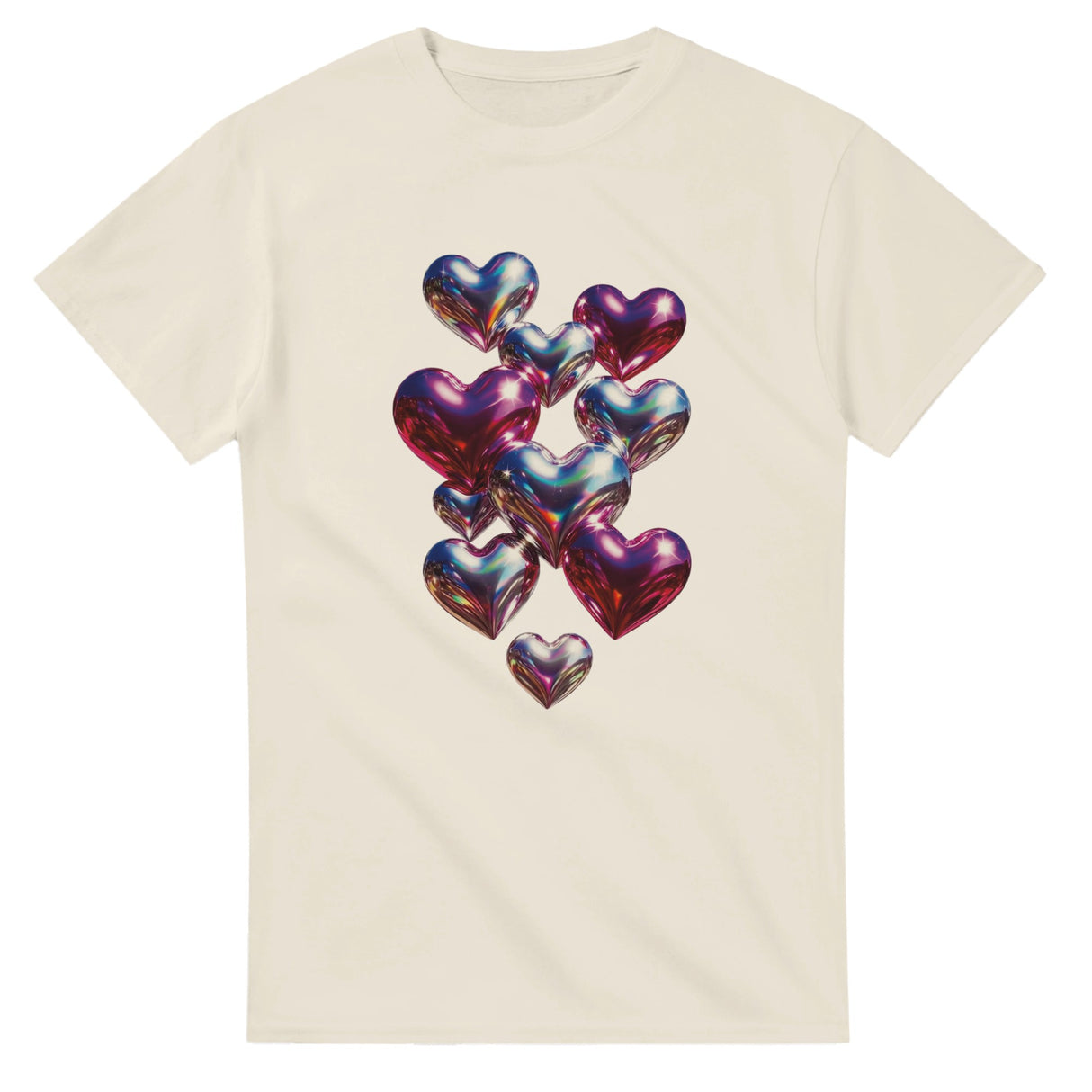 Beige t-shirt with colorful heart-shaped balloons design on a white background