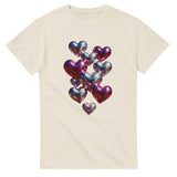 Beige t-shirt with colorful heart-shaped balloons design on a white background