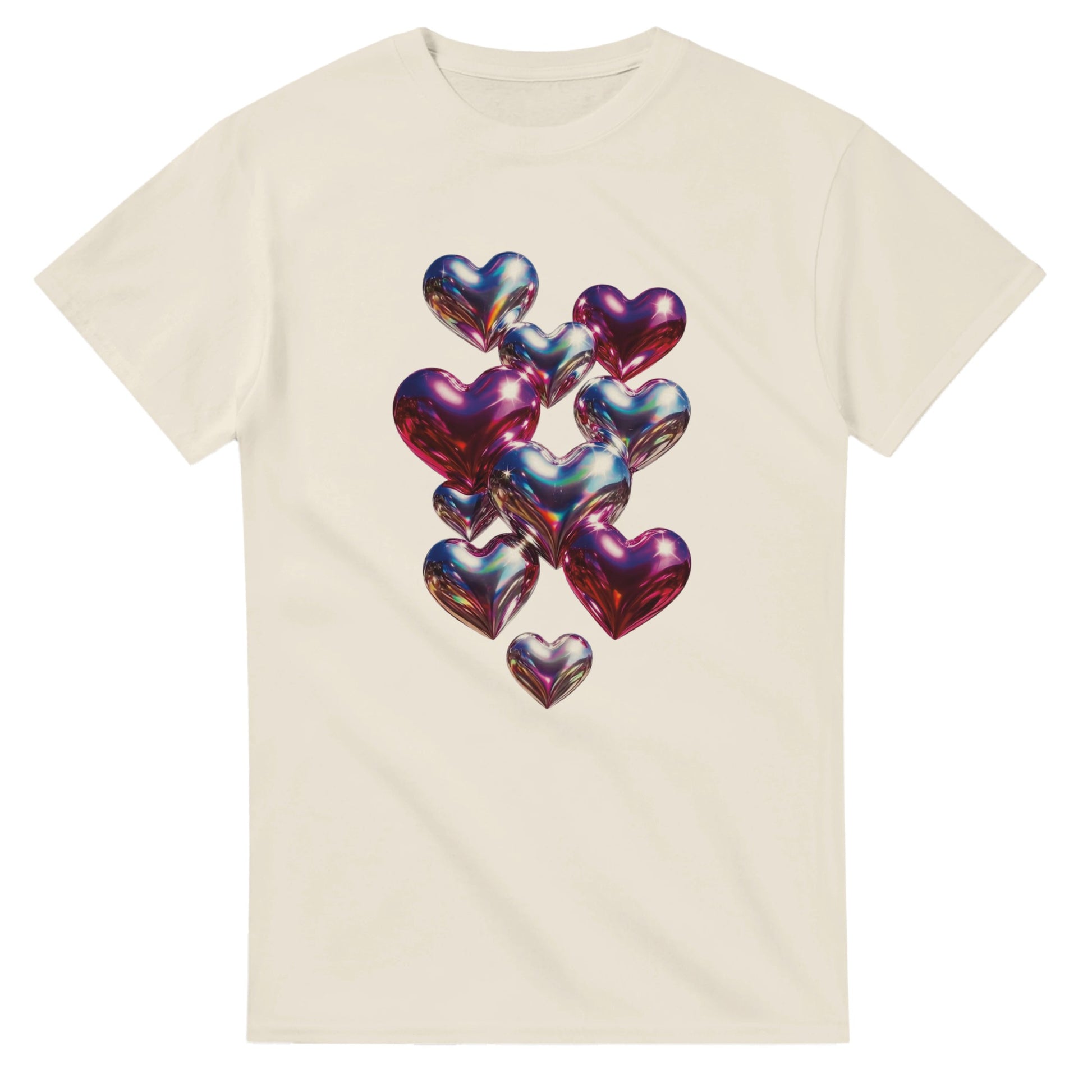 Beige t-shirt with colorful heart-shaped balloons design on a white background