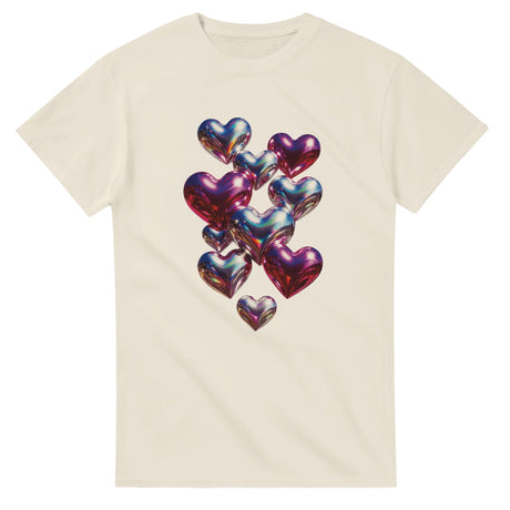 Beige t-shirt with colorful heart-shaped balloons design on a white background
